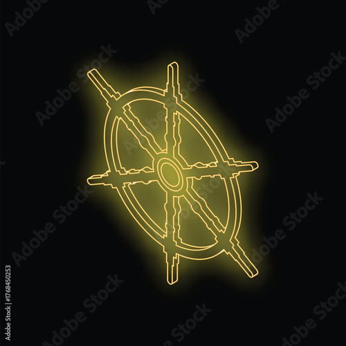 Neon yellow ship wheel glowing against a dark background, symbolizing navigation, control, and maritime adventure