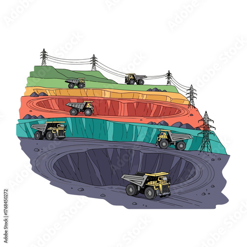 An illustration of a large open-pit mine with multiple terraced levels, heavy-duty dump trucks, and power lines, depicting industrial resource extraction.