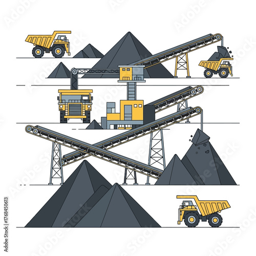 Illustration of a coal mining operation with trucks, conveyor belts, and piles of coal.
