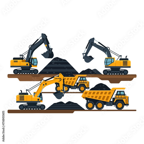 Vector illustration set of heavy industrial machinery, including excavators and dump trucks, at a coal mining site.