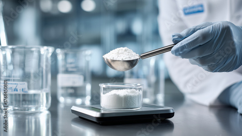 粉末を計量する日本人女性作業員の手元構図の描写