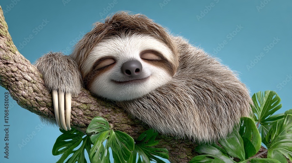 Naklejka premium Cute sloth resting on a tree branch, surrounded by vibrant green leaves, showcasing its relaxed demeanor and fluffy fur, embodying tranquility and the essence of a peaceful wildlife moment