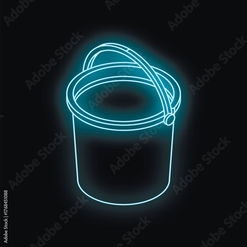 Neon bucket glowing on a dark background, representing cleaning supplies and equipment
