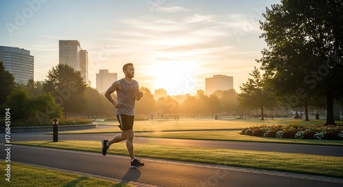 Man running on path at sunrise in urban park