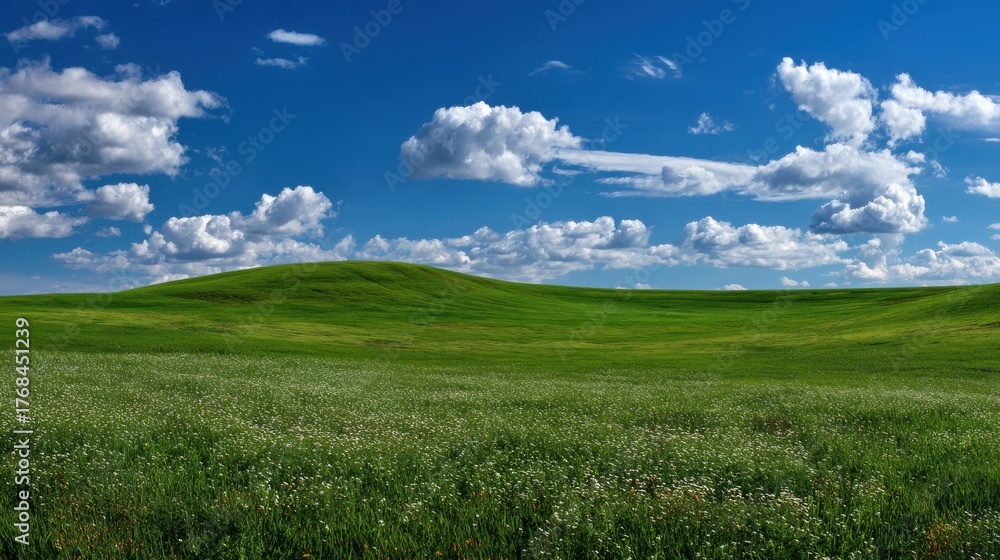 Obraz premium Vast green rolling hills under a bright blue sky with fluffy white clouds and a field of wildflowers
