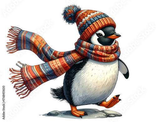 Funny Penguin with Beanie and Scarf Transparent Background.