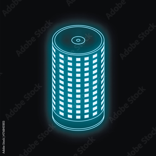Futuristic smart speaker glowing with blue light against black background, representing voice activated technology and modern home automation
