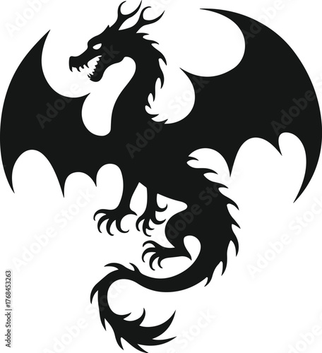 Silhouette of a fierce black dragon with large wings and sharp claws