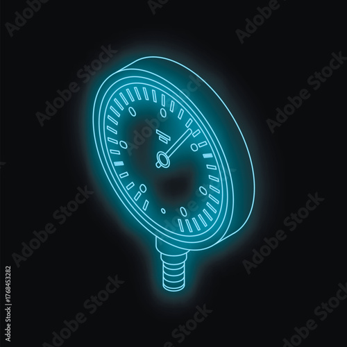 Glowing neon blue pressure gauge indicating measurement on a dark background