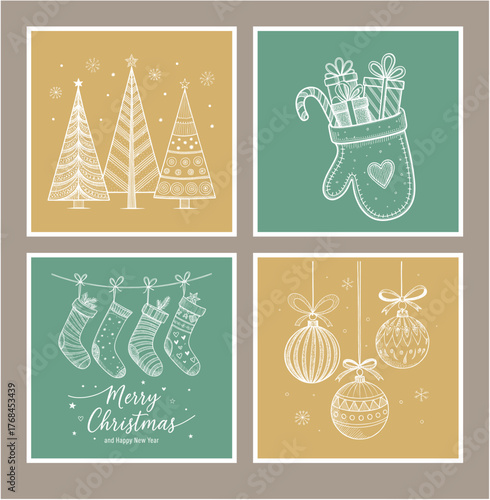 Minimalist Christmas line art illustration set with trees, gifts, stockings, and baubles on green and gold backgrounds, elegant holiday design