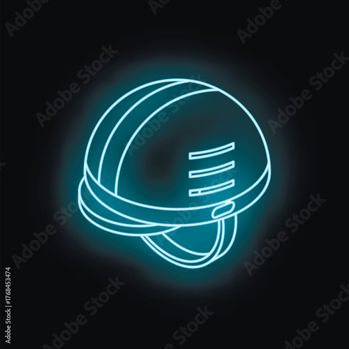 Neon blue glowing horse riding helmet isolated on black background, equestrian sport concept