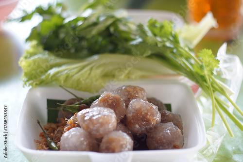 a traditional Thai snack made from chewy tapioca pearls filled with savory minced pork