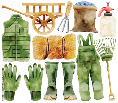 Watercolor Farm Elements Clip Art Set Farmer Clothing Tool Vest Gloves Boots Overalls Hay Bale Wooden Cart Rake Pitchfork Sprayer Sack Illustration Agriculture Equipment Rustic