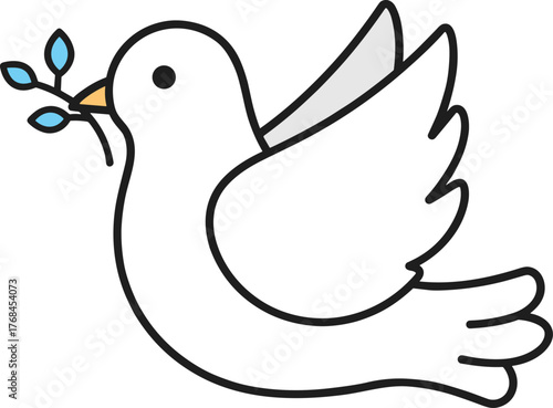 Dove with blue leaf branch in beak flying bird leaves