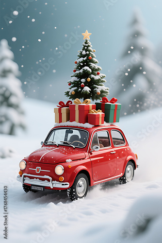 Festive Red Vintage Car Delivering Christmas Tree and Gifts Through Snowy Winter Landscape

