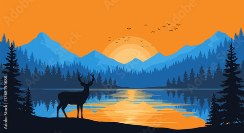 Deer silhouette stands by lake at sunset mountain view