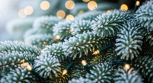 Closeup of frosted pine needles with warm fairy lights for christmas
