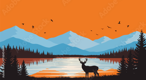 Serene landscape with deer mountains and lake at dusk