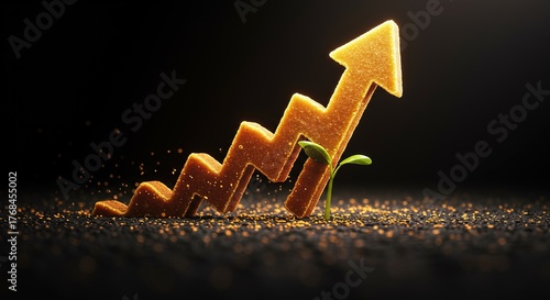 A small green sprout lifts a golden rising arrow, symbolizing the concept of business growth potential and sustainable investment