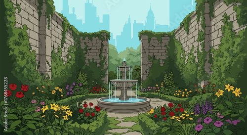 Serene garden oasis with fountain and cityscape view