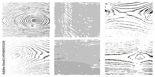 Six abstract monochrome textures featuring wood grain patterns and distressed surfaces