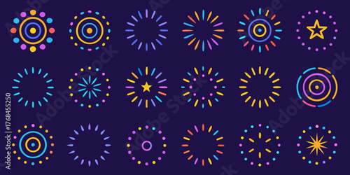 Collection of colorful abstract circular starburst and radial burst graphic elements on dark background
