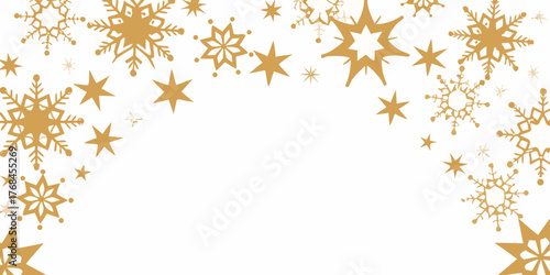 Elegant golden snowflakes and stars scattered across a white background for winter holidays