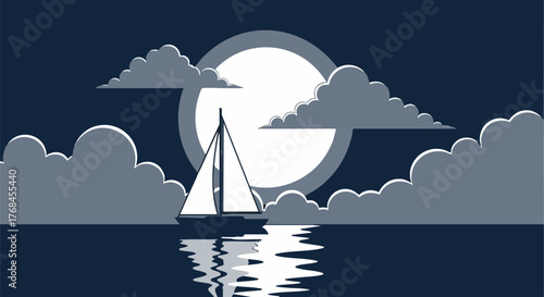 Sailboat glides across moonlit water under cloudy sky