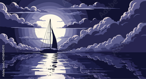 Sailboat glides under a full moon in a serene seascape