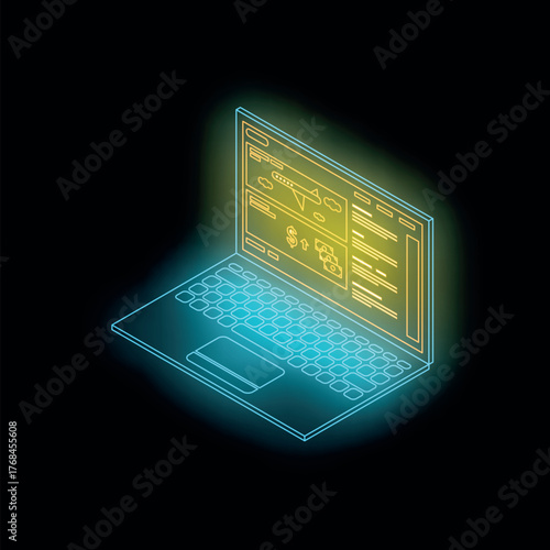 Futuristic glowing laptop displaying flight booking website interface, featuring airplane, clouds, and financial data, on a black background
