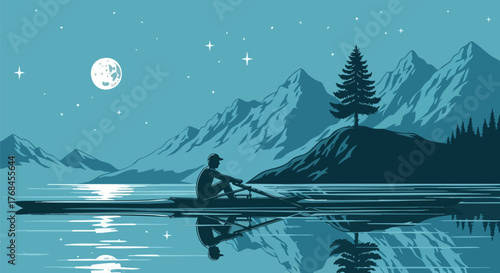 Serene rowing scene at night with moonlit mountains