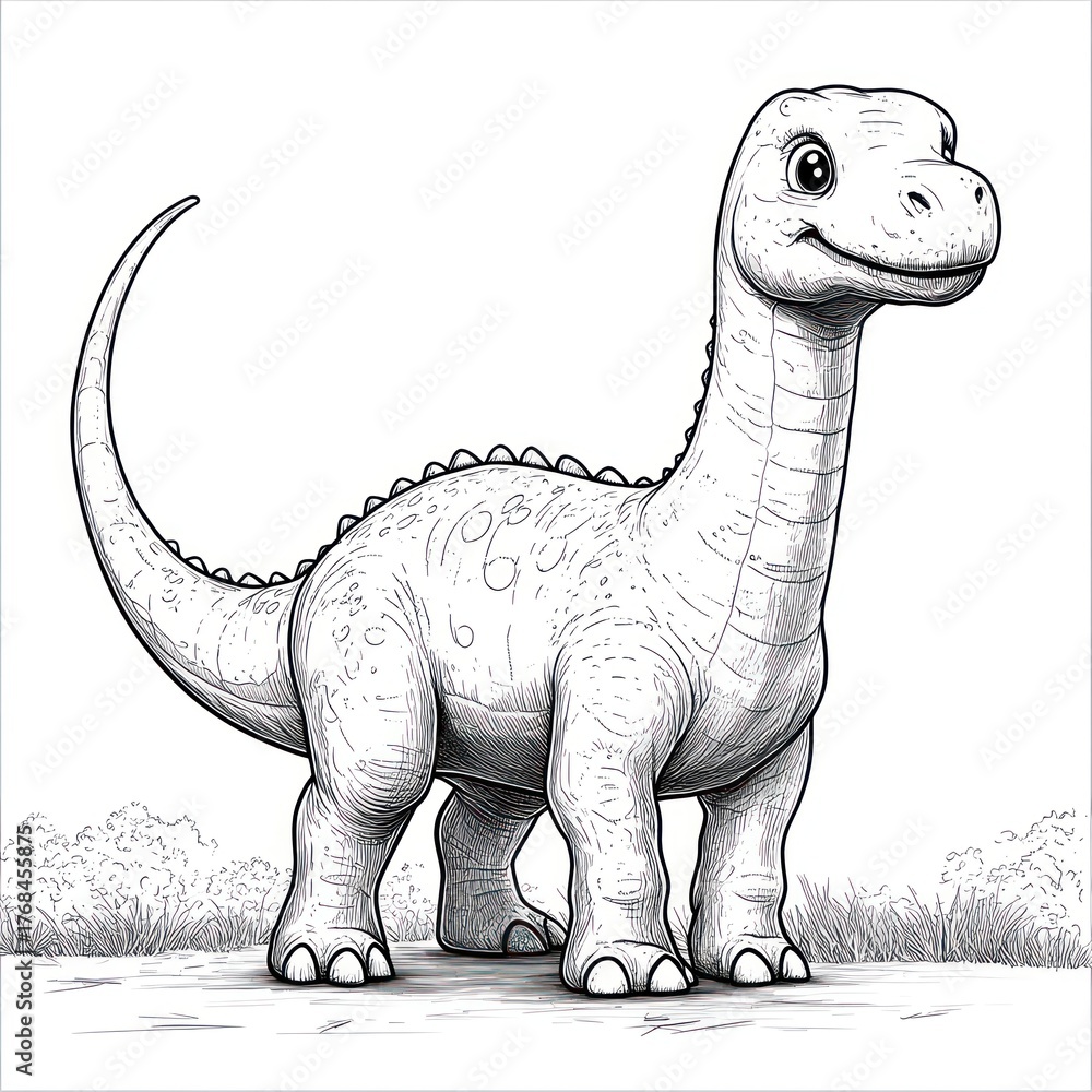 Fototapeta premium A delightful dinosaur character smiles in a vibrant, grassy area under a blue sky