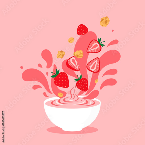 Vibrant Strawberry Yogurt or Smoothie Bowl Splash Illustration with Oats on Pink Background