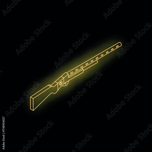 Golden isometric shotgun line art glowing on black background, representing hunting and shooting sports