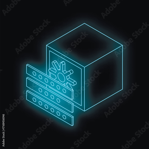Glowing server rack protecting digital safe with combination lock on black background, representing cybersecurity and data protection