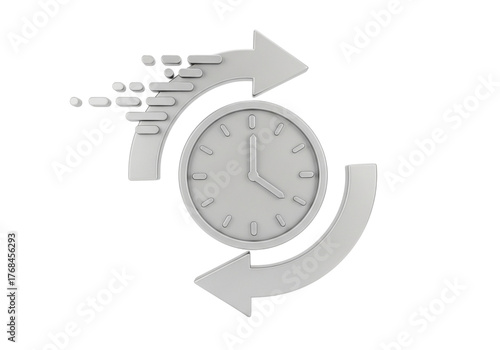 3d rendering of a clock with arrows indicating the passage of time, isolated on transparent background