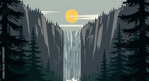 Serene waterfall landscape with mountains and forest view