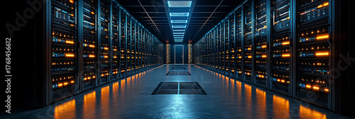 Modern data center interior showcasing numerous server racks Generative AI