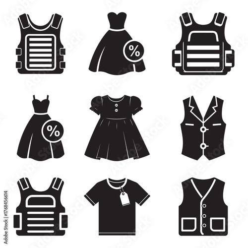 Clothing and vest icons isolated on white background