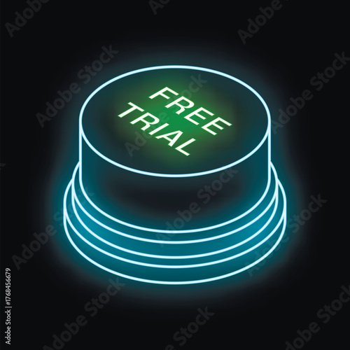 Neon green free trial button glowing on a dark background, inviting users to experience a product or service without cost