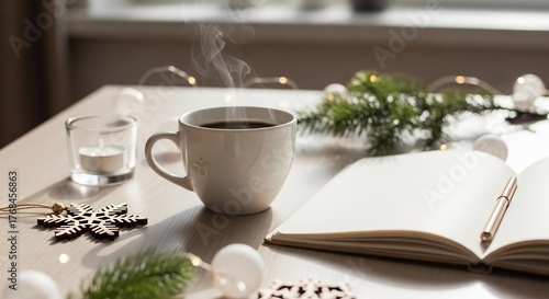 A cup of coffee with a book and christmas decorations on the table