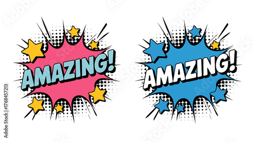 Dynamic Comic Book Style Amazing Text with Star Accents in Pink and Blue Explosions