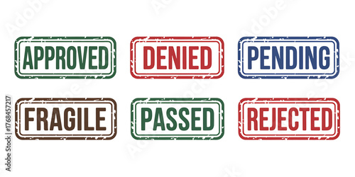 Rubber Stamp Set Depicting Statuses Like Approved Denied Pending Fragile Passed and Rejected For Business and Decision Making Concepts