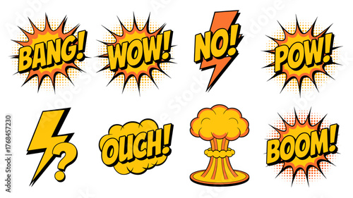 Collection of Comic Book Style Explosions with Sound Effects and Action Words on White Background Comic Bubbles for Graphic Novels and Entertainment
