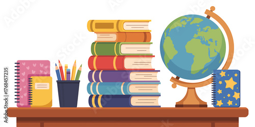 Educational Illustration with Books Globe and Stationery A Colorful and Inspiring Scene for Learning and Exploration