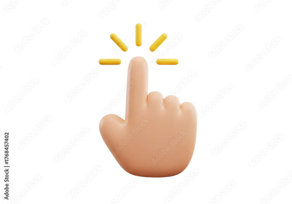 Obraz premium 3d cartoon hand cursor clicking with yellow rays, representing selection and interaction isolated on transparent background