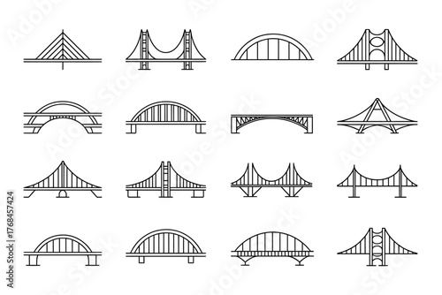 Collection of Bridge Icons in Black and White Minimalist Line Art Style Various Structural Designs and Architectural Representations