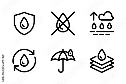 Waterproof Protection Icon Set Black and White Vector Illustration for Labels and Products Promoting Water Resistance