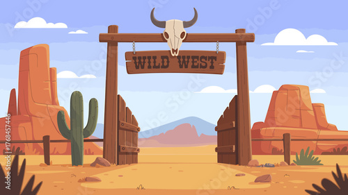 Wild West Landscape with Cactus and Wooden Gate Welcoming Visitors to the Frontier Town Adventure Under Clear Blue Skies