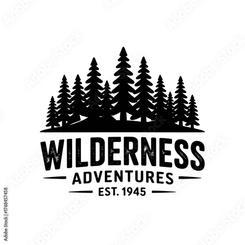 Wilderness Adventures Emblem with Pine Trees and Established Date for Outdoor Exploration and Nature Tourism
